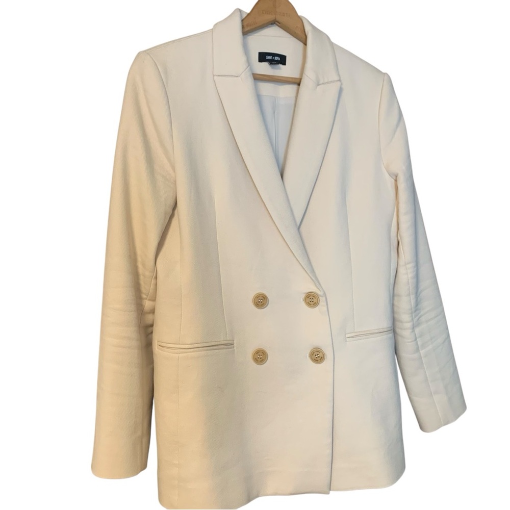 Saint + Sofia Blazer Jacket Size 8 Organic Cotton Stretch Double Breasted READ
